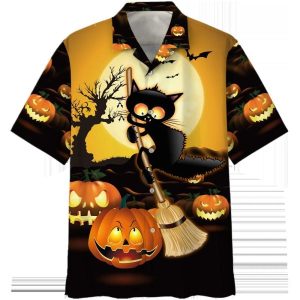 Black Cat Broom Sweep Halloween Hawaiian Shirt
