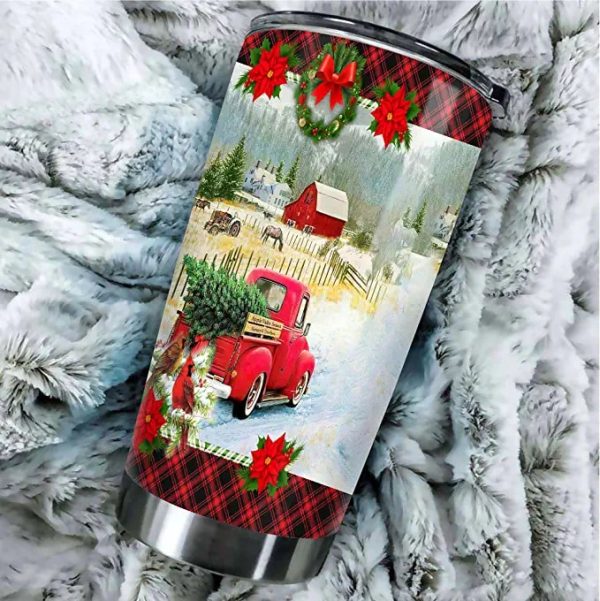 CatchyKey Christmas Truck Tumbler, Red Truck Tumbler For Xmas, Gift For Truck Driver, Christmas Tree Cup On Holiday